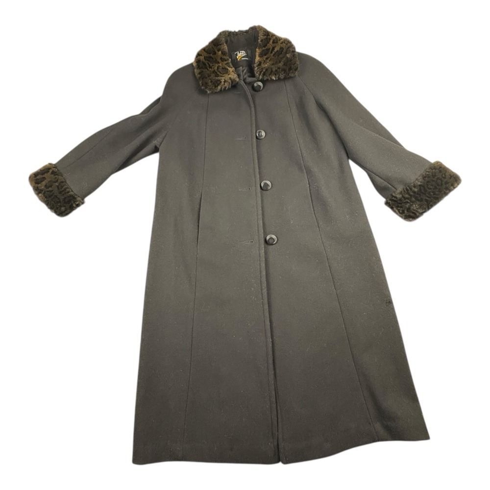 JAD Vintage Wool Coat Leopard Trim Black Long Overcoat USA Size 8‎ Petite